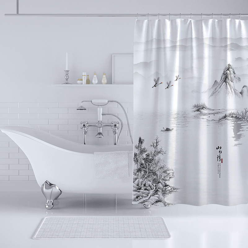 中国风山水情水墨画浴室加厚涤纶防水防霉浴帘中式浴室窗帘更衣帘