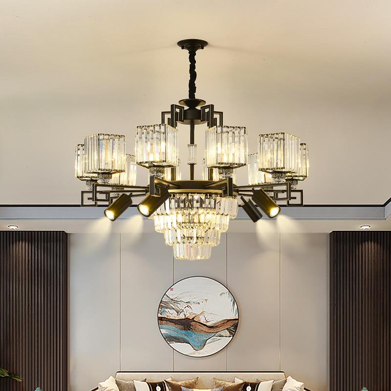 新中式水晶吊灯带射灯饭厅灯现代轻奢客厅灯超亮酒饭店包间大吊灯