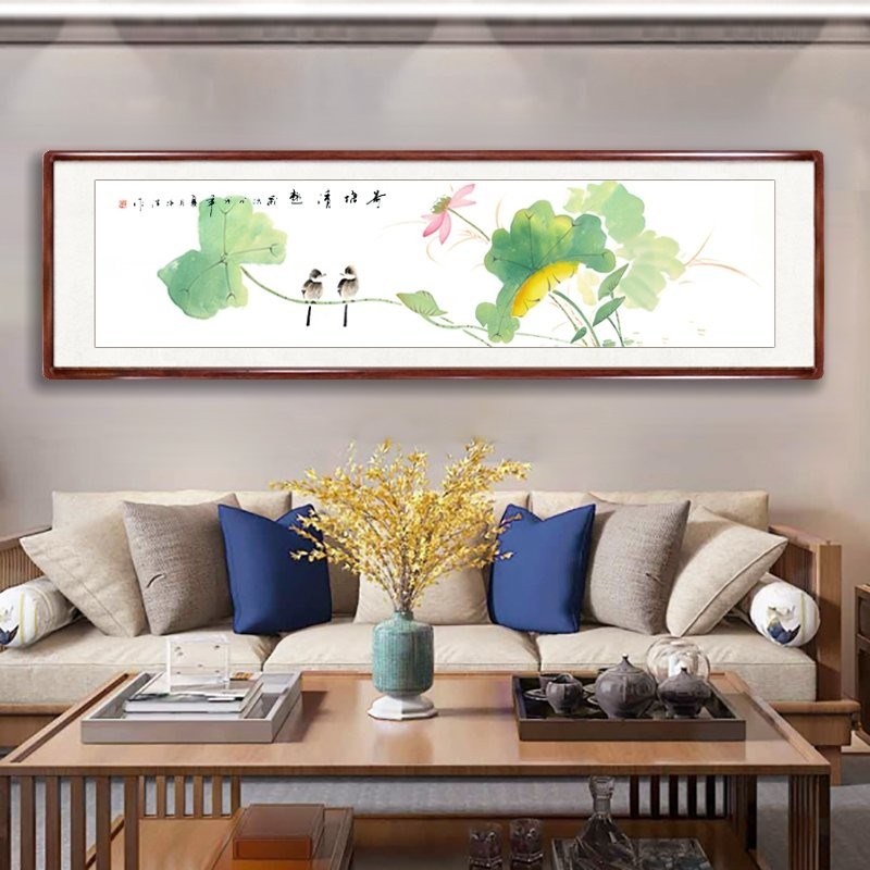 荷花国画纯手绘真迹新中式沙发背景画客厅装饰画卧室床头挂画牡丹图片
