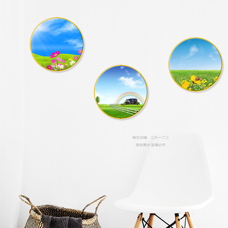 风景装饰画小清新田园风格挂画玄关儿童房卧室饭厅圆形简约墙壁画图片