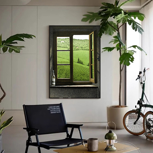 中古风窗户风景客厅沙发背景墙挂画大白墙复古小众入户玄关装 饰画