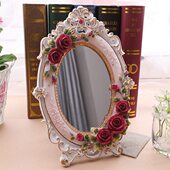 北欧轻奢卧室梳妆台式 化妆镜子高端便携式 玫瑰花桌面镜摆件