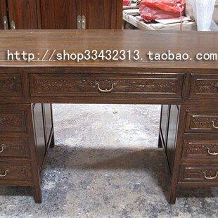 一文制木中式仿古老榆木纯实木榫卯组合雕花书桌办公桌家用包邮