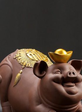 中式禅意紫砂大号招财猪摆件家居客厅博古架装饰品陶瓷工艺品摆设