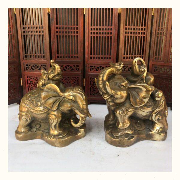 仿古收藏纯铜大象摆件一对铜子母大象葫芦大象家居店铺工艺品摆设