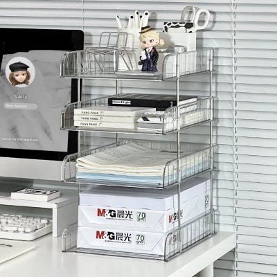 桌面文件收纳架亚克力透明书本置物架办公室桌子A4纸整理盒子书架