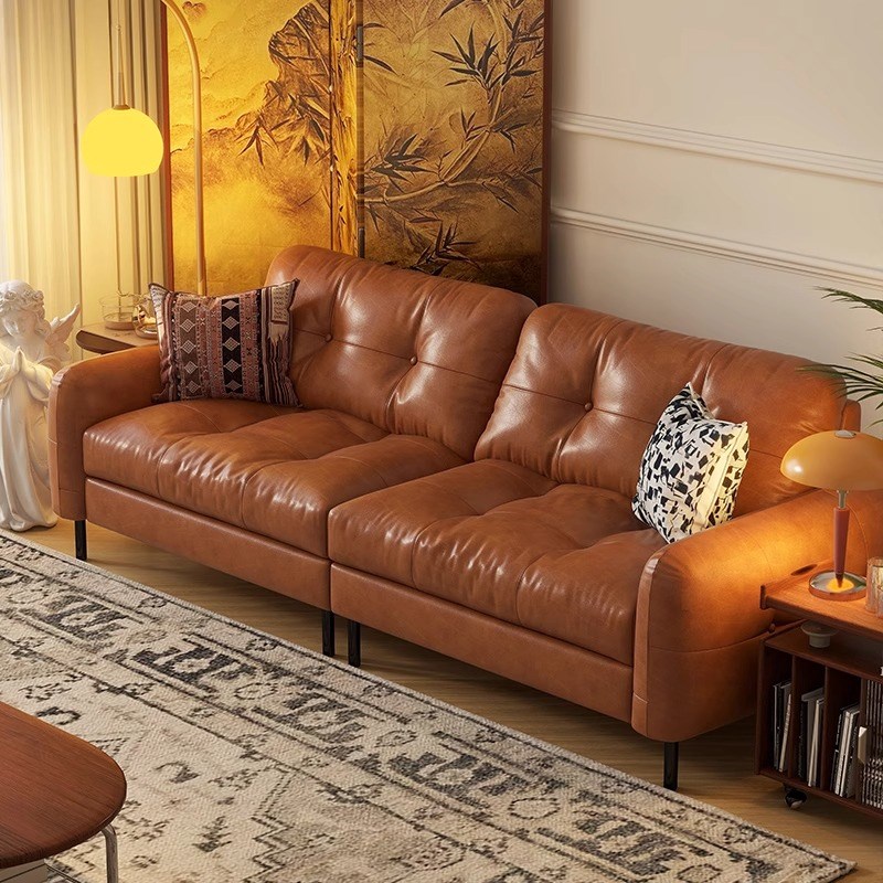 意式极简油蜡真皮沙发中古风小户C型客厅沙发轻奢三四人位直排沙