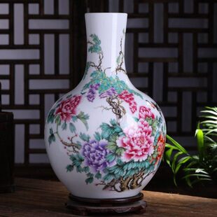 釉上彩粉彩花鸟花开富贵陶瓷花瓶摆件大号天球瓶装饰品玄关摆设