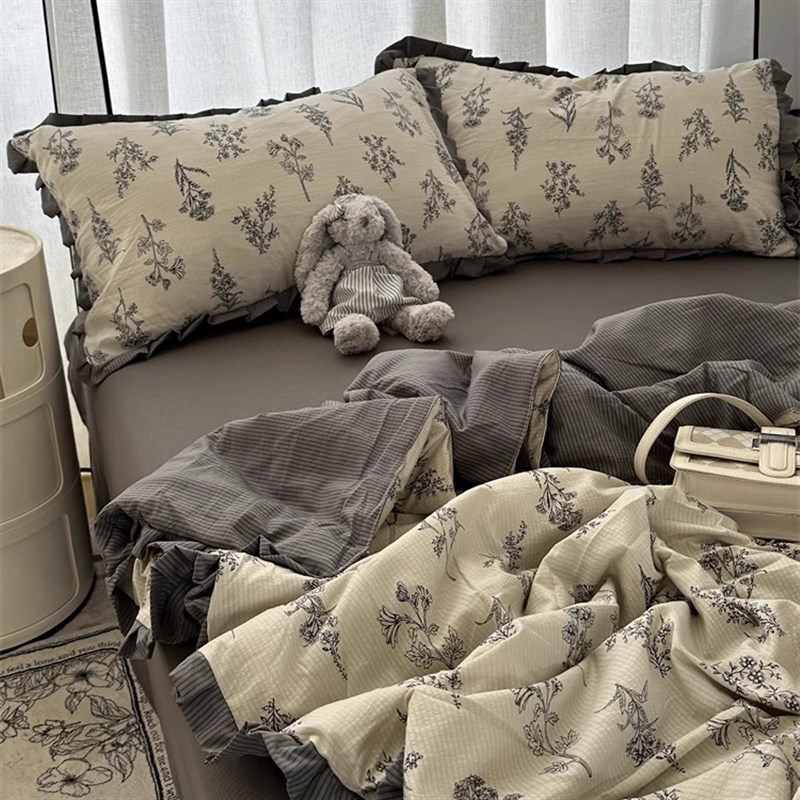 简意素色复古少女小碎花泡泡水洗棉夏凉被四件套夏季X空调被三件