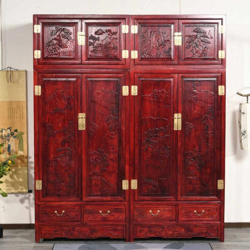 雕花大衣柜衣橱南榆木新中式全实木顶箱柜挂衣柜原木挂衣柜储物柜