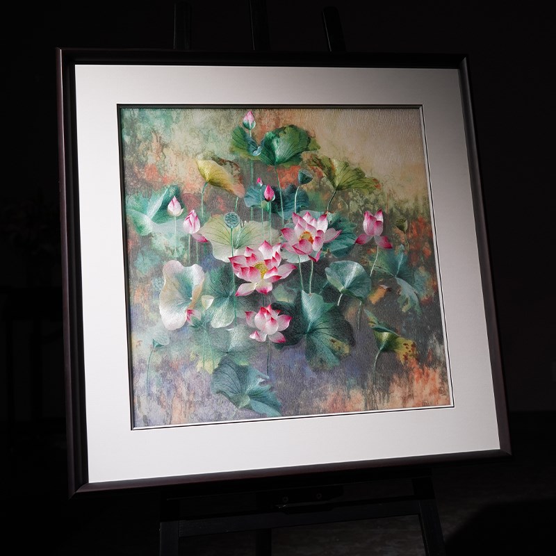 客厅装饰画苏州纯手工刺绣苏绣成品挂画现代中式卧室餐厅艺术荷花图片