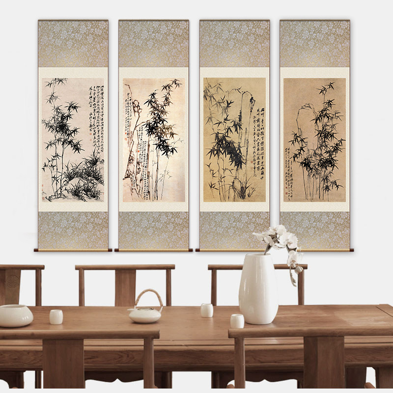 丝绸画国画卷轴画竹子挂画郑板桥竹子字画书房茶楼装饰画定制礼品