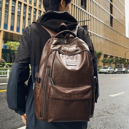 潮酷PU皮质感双肩包男大学生书包户外通勤短途旅行防水背包女个性