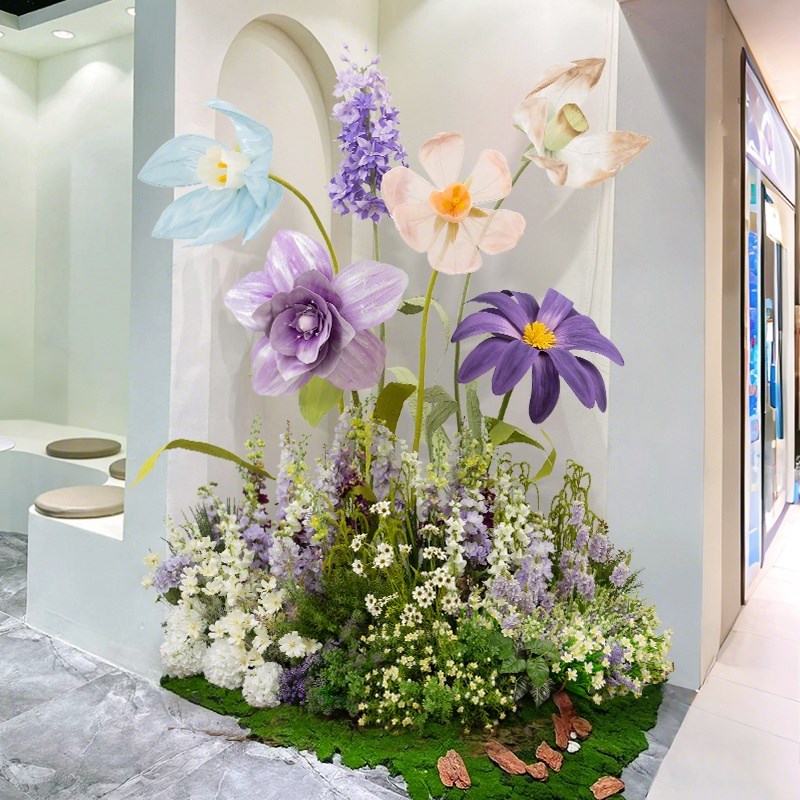 大堂花艺造景摆件莫奈花园花圃装饰花堆大型纸花绢花橱窗角落景观