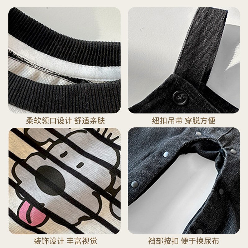 男童潮帅气时髦套装儿童春装韩版洋气背带裤可爱卡通T恤两件套春