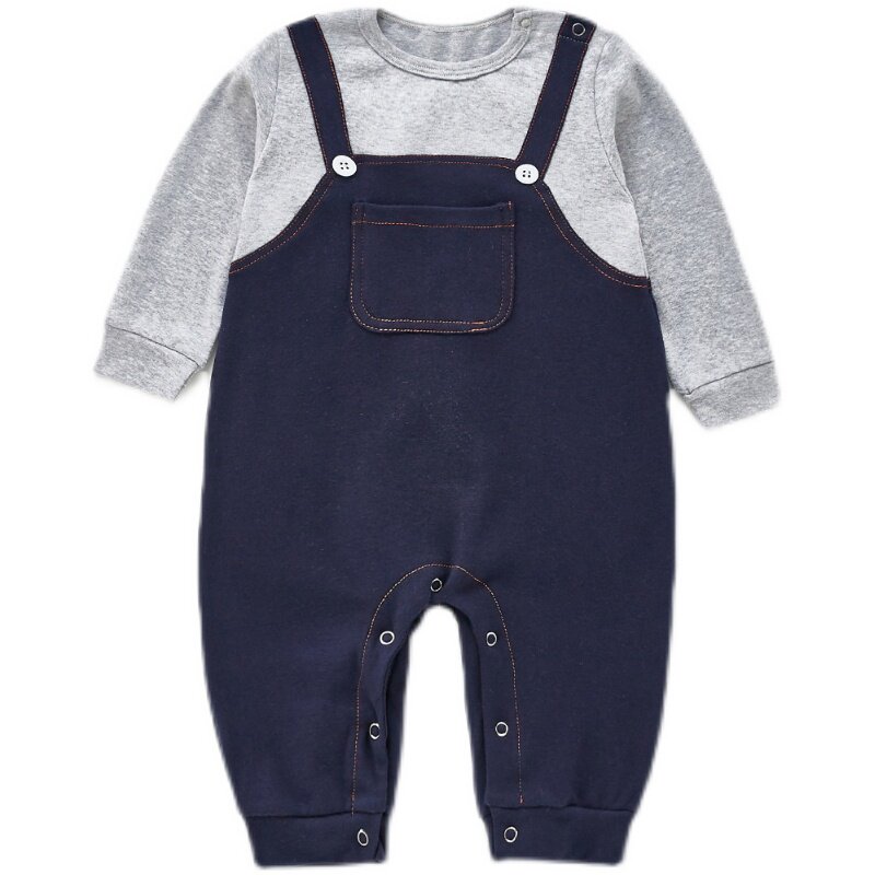 春装婴儿连体衣假两件背带裤软牛仔哈衣男宝宝长袖薄款外出服