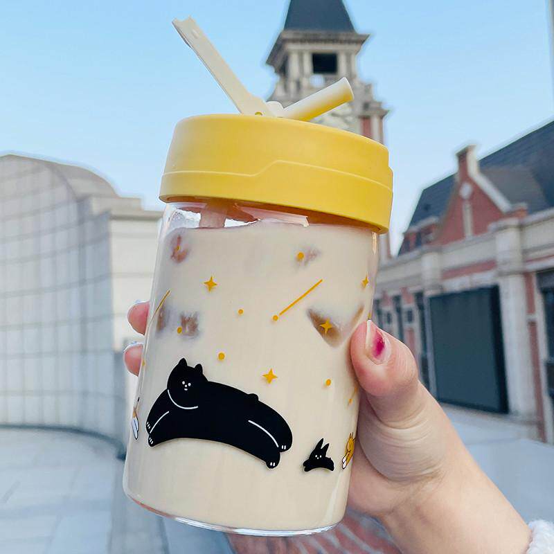 可爱便携咖啡杯吸管玻璃杯子猫咪随行水杯耐热可微波简约高颜新款