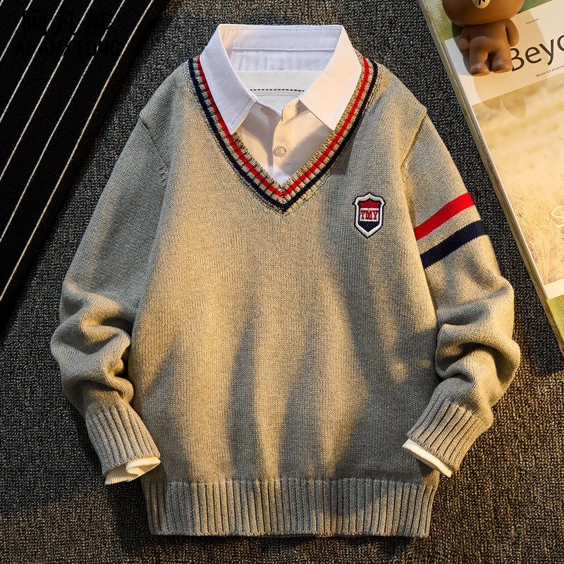 男童衬衫领假两件毛衣秋冬款套头2024新款儿童Q长袖打底加绒打底