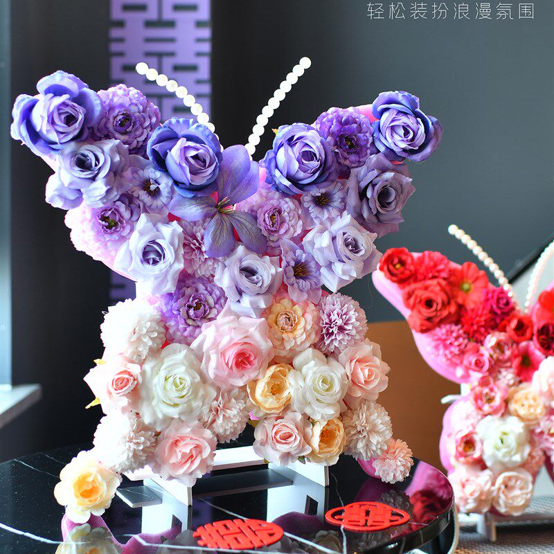 婚庆婚房卧室装饰花艺彷真立体蝴蝶床头喜字摆件装饰拍照道具