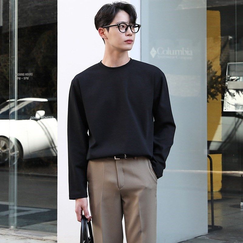 落肩宽松重磅加厚纯白色t恤男长袖内搭打底衣体恤衫螺纹领口