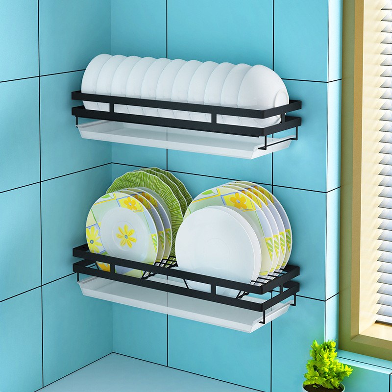 不锈钢厨房置物架壁挂式挂墙碗架沥水架免打孔放碗碟架单层晾