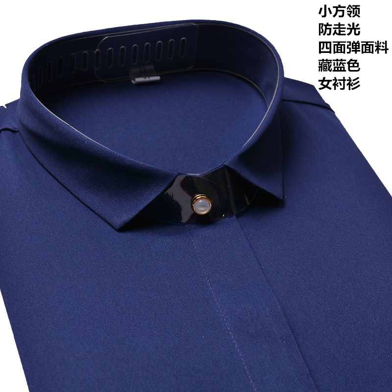 春季女士长袖衬衫藏蓝p色小方领防走光韩版职业装弹力免烫工装衬