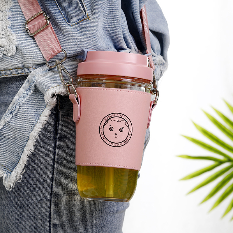 玻璃吸管水杯女可爱咖啡杯子大容量便携式斜跨Q背带简约夏季高颜