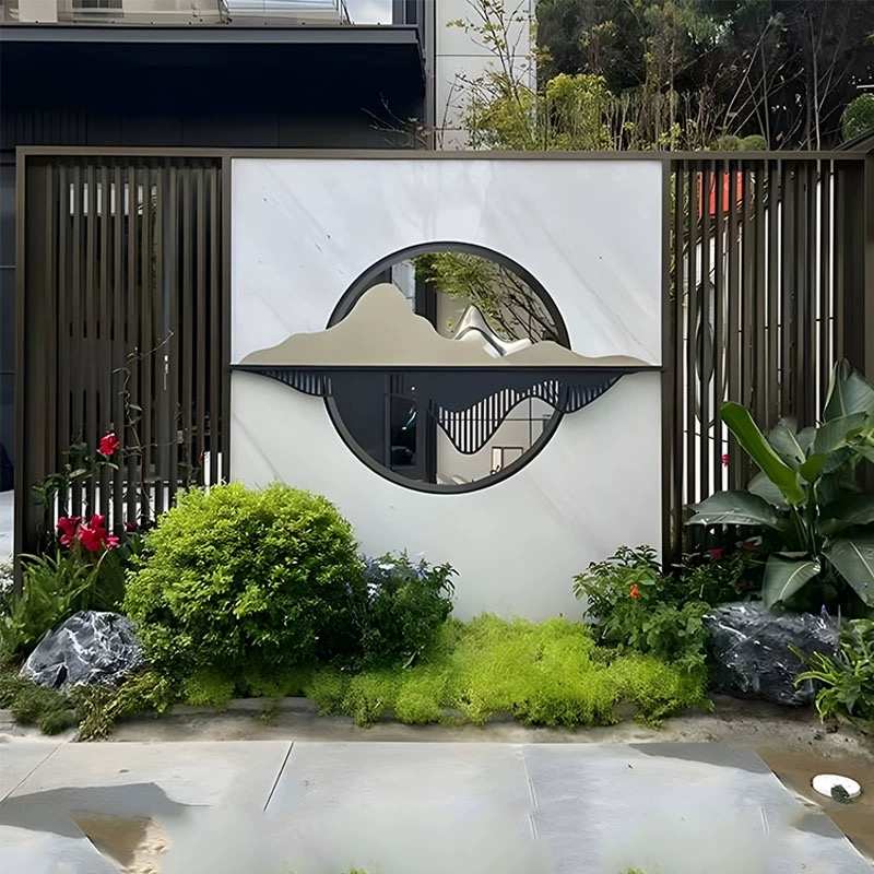 不锈钢隔断幕墙影壁园林门别墅迎景观屏风背景墙流水户外水庭院