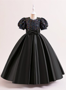 女童锻布亮片公主礼服儿童红色洋气蓬蓬长裙走秀连衣裙钢琴演出服