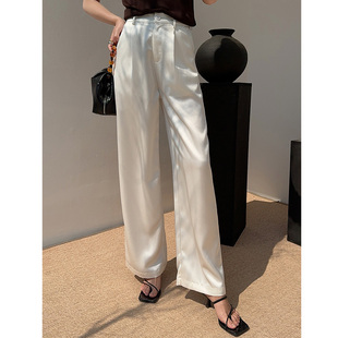 白色缎面阔腿裤女春秋2024新款高腰垂感绸缎直筒西装长裤子