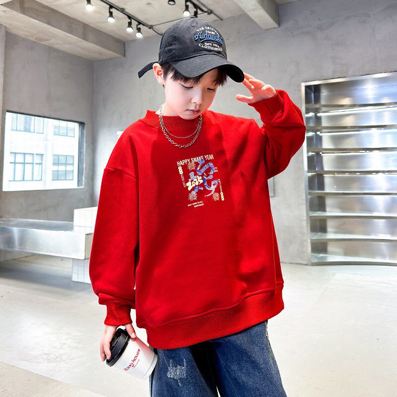 男童秋冬红色过年半高领加绒卫衣2024新款儿童男孩冬季本命年衣服