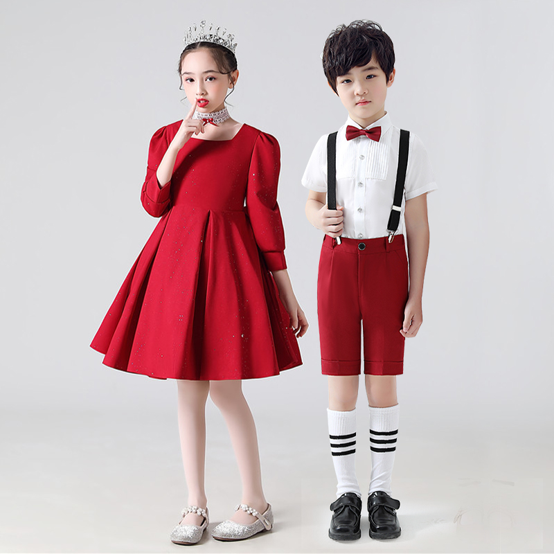 儿童合唱演出服女童舞蹈裙男童背带裤小学生朗诵礼服六一表演服装