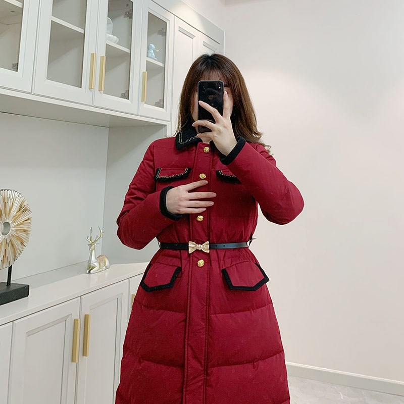 浩可可 午夜玫瑰 羽绒服女红色圣诞单排扣中长款外套