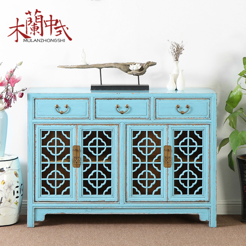 新中式仿古做旧鞋柜 镂空花格榆木实木餐边柜柜 古典风隔断储物柜