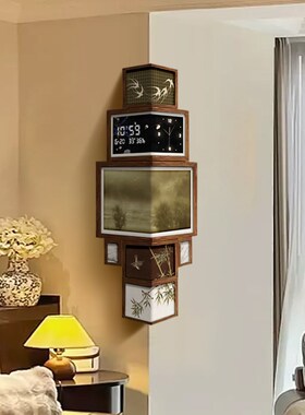 中古风客厅转角装饰画挂钟复古拐角电子时钟2024新款风景钟表挂画
