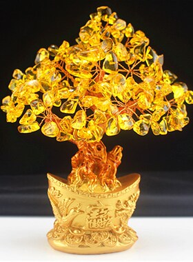 开业礼品天然水晶招财树摆件 客厅酒柜创意家居黄水晶摇钱树饰品