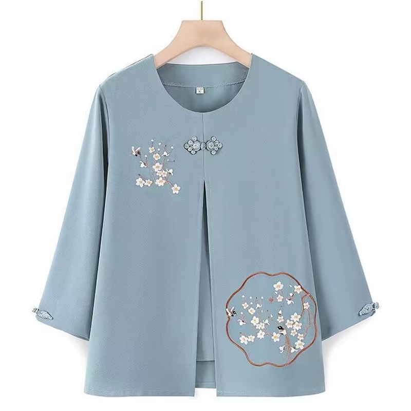 老年人春装女奶奶装衣服薄T恤套装妈妈夏装衬衣老人上衣短袖雪纺