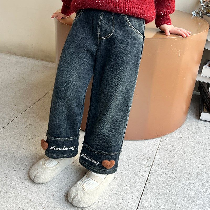 女童秋冬季裤子2024新款宝女宝加绒牛仔裤儿童百搭冬款休闲阔腿裤