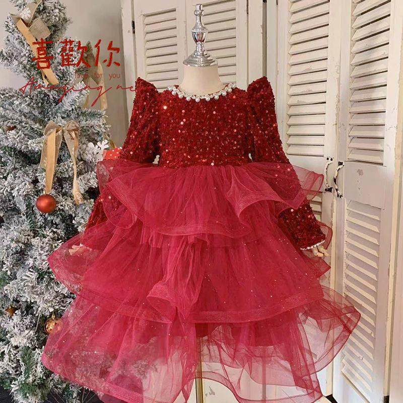 高端女童公主裙秋冬季新款儿童生日礼服蓬蓬裙洋气加绒新年连衣裙