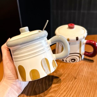 复古大容量马克杯带盖茶杯早餐杯子陶瓷带勺子学生情侣咖啡水杯女