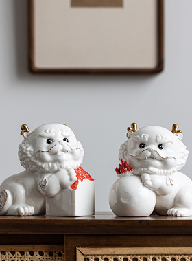 白瓷瑞兽麒麟摆件一对新中式客厅玄关办公室桌面装饰国潮招财摆设