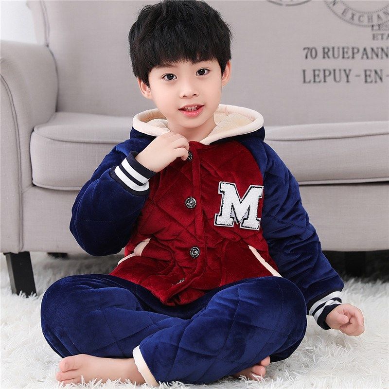 儿童睡衣男童冬季男孩三层夹棉加厚款加绒珊瑚绒大童家居服中长款