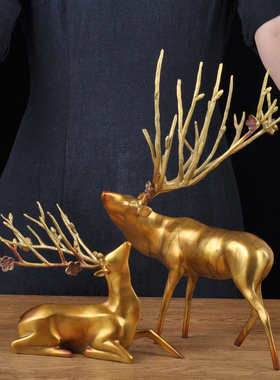 铜对鹿摆件一对纯铜大号创意美式风客厅玄关电视柜工艺品房间摆设