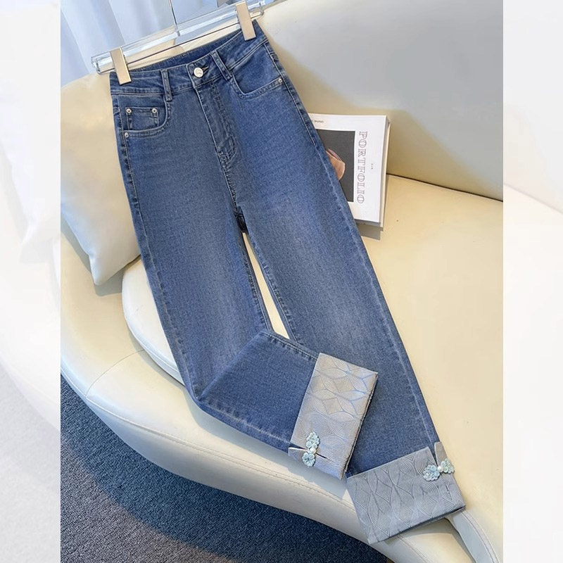 国风烟管牛仔裤女秋季2024新款高腰小个子九分盘扣新中式直筒裤
