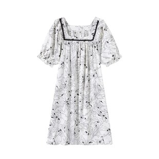 薄款 短袖 甜美睡衣家居服 睡裙女胖mm200斤夏季 公主风方领棉绸大码