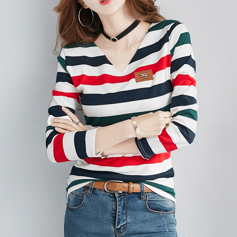 纯棉条纹T恤女士长袖2020年新款修身薄款春秋衣外穿内搭v领上衣服