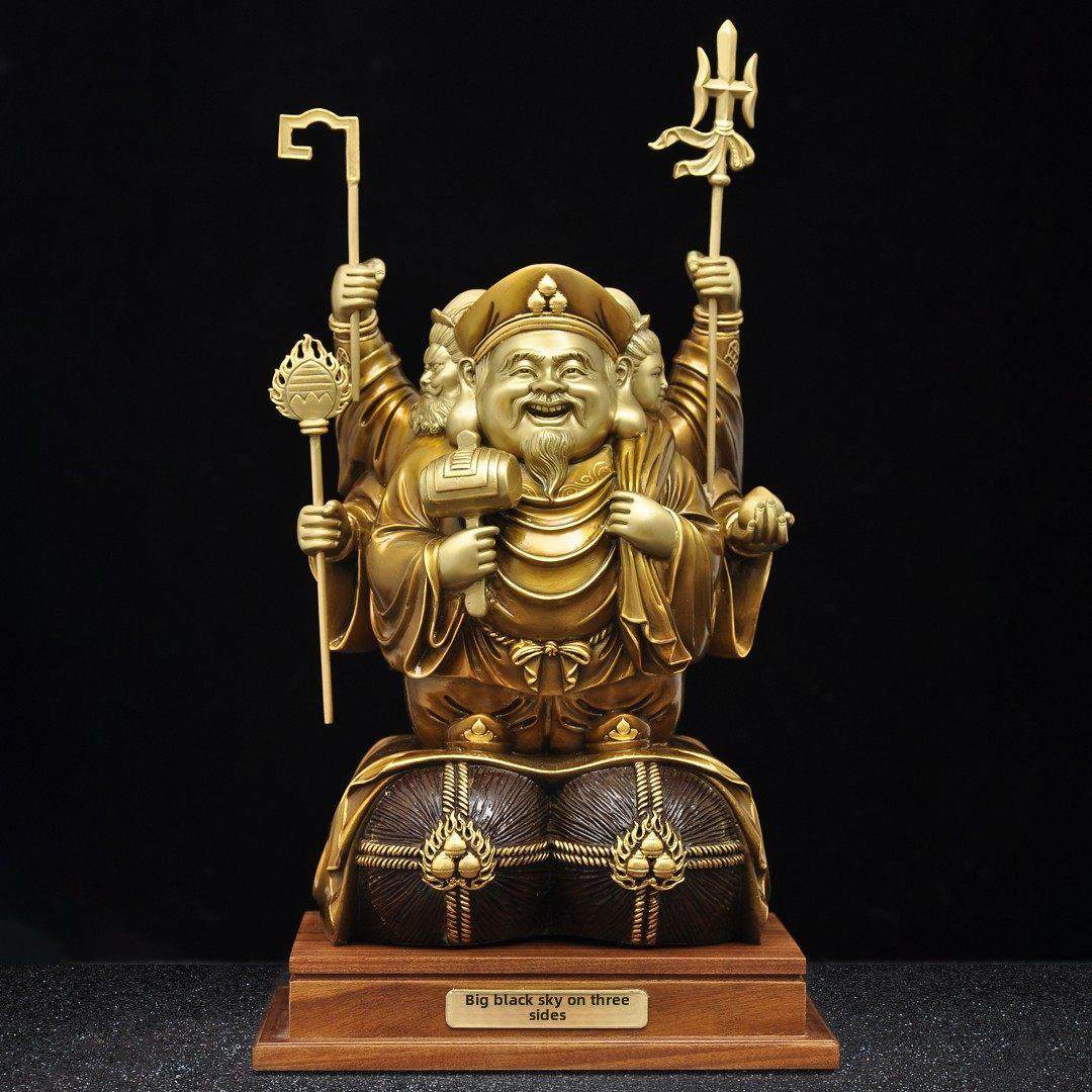 黄铜三面大黑天财神摆件招财大黑天尊佛像大黑天菩萨居家佛堂供奉