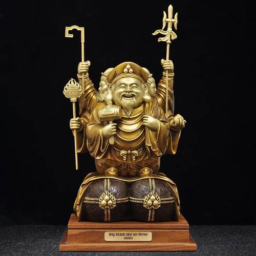 黄铜三面大黑天财神摆件招财大黑天尊佛像大黑天菩萨居家佛堂供奉