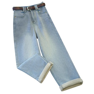 浅蓝色高腰窄版九分阔腿牛仔裤女加绒加厚2024冬季新款直筒男友裤