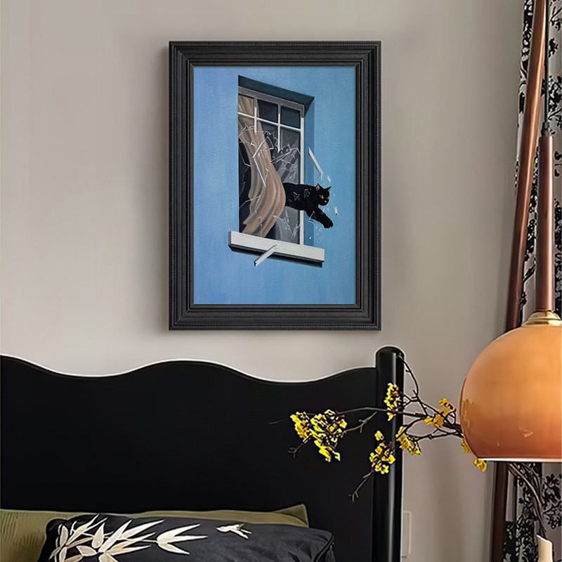 手绘油画卡通风格黑色猫咪客厅卧室动物蓝色装饰挂画玄关桌面摆件图片